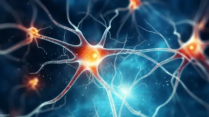 Fotobehang Illustration of neural network highlighting neurons involved in addiction, focusing on synapses affected by opioid use, depicting the complex brain activity linked to substance dependence. © TensorSpark