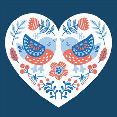 Vector hand drawn illustration of birds in folk style. Silhouettes of decorative, ornate snowbird kissing among the branches and flowers