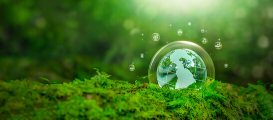 Crystal globe placed on moss. ESG icon. Concept for environment. Society and Governance sustainable global environment concept - obrazy, fototapety, plakaty