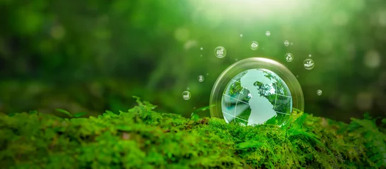 Stof per meter Crystal globe placed on moss. ESG icon. Concept for environment. Society and Governance sustainable global environment concept © narawit
