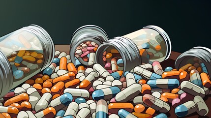 Opioid epidemic, featuring an array of prescription pills, medicine capsules, and tablets scattered, symbolizing the widespread issue of opioid addiction and the resulting crisis. - obrazy, fototapety, plakaty