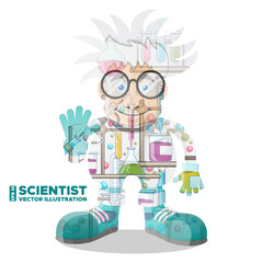 Scientist. Double exposure. Isolated on white background. Vector illustration.