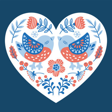 Vector hand drawn illustration of birds in folk style. Silhouettes of decorative, ornate snowbird kissing among the branches and flowers