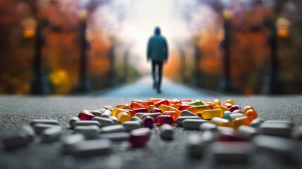 Fototapeta A conceptual image depicting the journey of overcoming drug and opioid addiction, symbolizing the struggle and success of becoming free from the grip of prescription pills and substance abuse. obraz