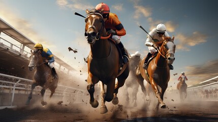 Dynamic photo capturing the thrilling action of horse racing as multiple horses and jockeys vie for the lead. The shot is taken from a close angle, emphasizing the intensity and competition of race - obrazy, fototapety, plakaty