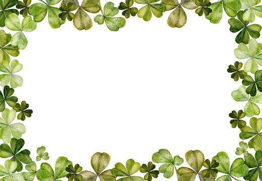 Watercolor hand drawn illustration, Saint Patrick holiday. Green lucky clover shamrock four-leaf. Ireland tradition. Frame border Isolated on white background. For invitations, print, website, cards.