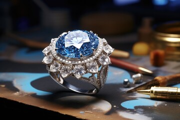 A blue diamond ring is elegantly placed on a table. This picture can be used for jewelry advertisements or as a symbol of love and commitment.