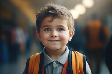 A young boy with a backpack looking directly at the camera. This image can be used to depict children, education, school, exploration, adventure, and curiosity.