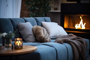 A cozy scene with a teddy bear sitting on a couch next to a warm fire. Perfect for illustrating comfort and relaxation. 