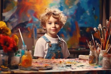 A young boy sitting at a table with paint and brushes. This image can be used to depict creativity, art, and childhood activities.