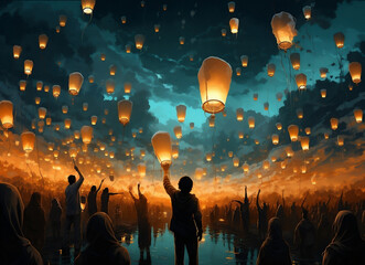 Thailand asia travel festival paper people lantern balloon sky celebration religion culture night