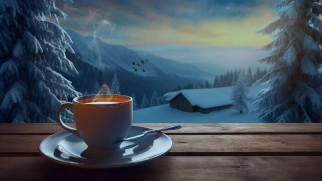 animated video of a cup of hot tea with a snowfall background, Generated with AI