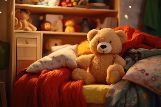 A brown teddy bear sitting on top of a bed. This image can be used to depict comfort, childhood, or as a decorative element in a bedroom.