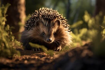 Fototapeta premium A small hedgehog is seen walking through a forest. This image can be used to depict wildlife, nature, or animal habitats.