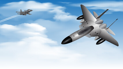 fighter jet flashed across the cloudy blue sky at supersonic speed - obrazy, fototapety, plakaty