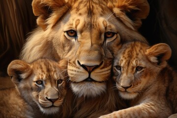 Fototapeta premium A picture of a couple of lions peacefully laying next to each other. This image can be used to depict the bond and companionship between animals or to represent relaxation and tranquility in nature.