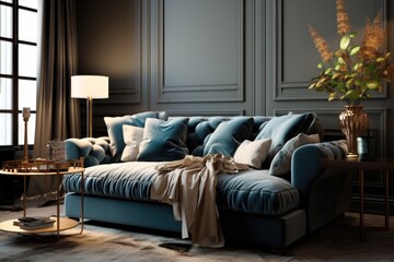A picture of a living room with a blue couch and pillows. Perfect for interior design or home decor projects.