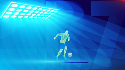 Line art design of A football player dribbling a ball under the spotlight
