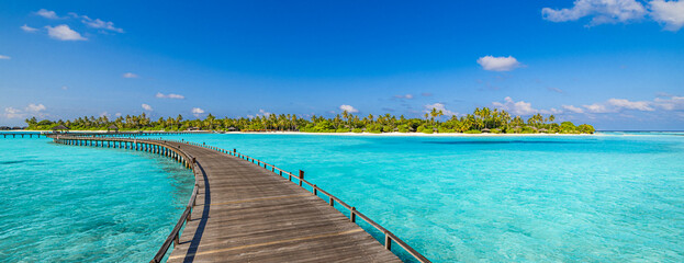 Maldives paradise island. Tropical aerial landscape, seascape long jetty pier water villas. Amazing sea sky sunny lagoon beach, tropical nature. Exotic tourism destination popular summer vacation - obrazy, fototapety, plakaty