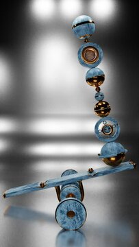 abstract three-dimensional composition of different spheres riding on each other and swinging on a swing. looped abstract animation. 3d render