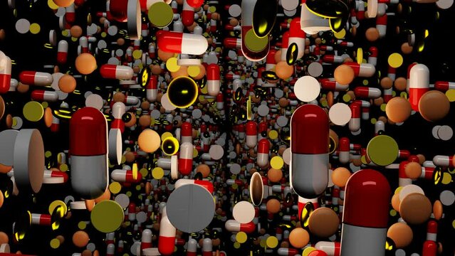movement through different tablets and pills on a black background. looped abstract animation. 3d render