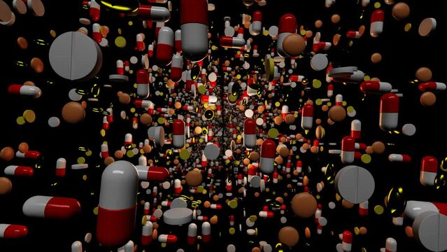 movement through different tablets and pills on a black background. looped abstract animation. 3d render