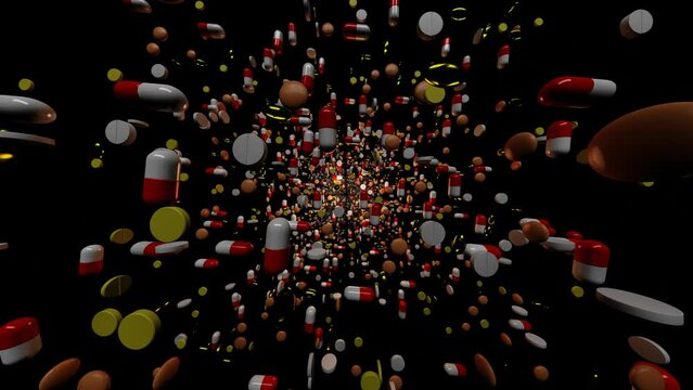 movement through different tablets and pills on a black background. looped abstract animation. 3d render