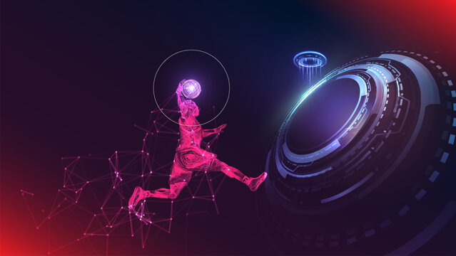 Futuristic action figure of a basketball player with high tech neon glow effects. Line art vector style.