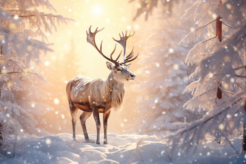 Beautiful reindeer in a magical sunny winter forest