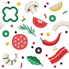 Seamless pizza vector pattern with tomatoes, pepperoni, mushrooms, onion, rosemary, red pepper and olives.