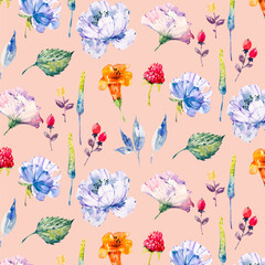 Watercolor, floral, seamless pattern, beautiful flowers, print, for background, fabric, textile, fashion, wallpaper, wedding, banner, sticker, decoration, etc.
