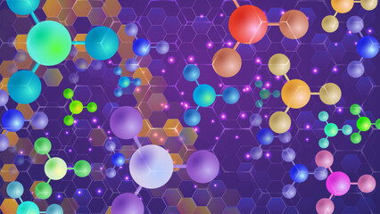 Illuminated atomic molecule with  hexagon pattern on purple backgrounds.