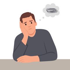 illustration of a man who is asking questions or is confused because he gets into a problem. the concept of running out of ideas, daydreaming, sad, depressed. Flat vector illustration isolated