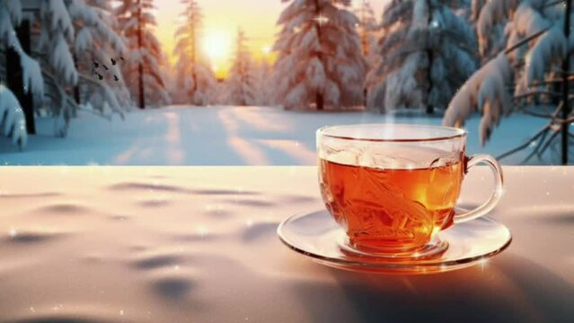 animated video of a cup of hot tea with a snowfall background,  Generated with AI