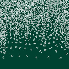 Falling letters of English language. Childish chalk flying words of Latin alphabet. Foreign languages study concept. Rare back to school banner on blackboard background.