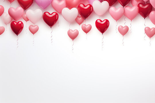 Valentine's day background with red and pink hearts like balloons on white background