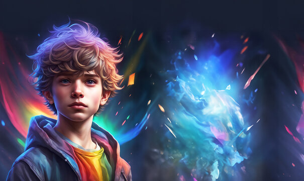 Leitbild eines heranwachsenden Jungen mit zerzausten Haaren, Portrait eines Teenager, der gerade aus schaut, Gef&uuml;hle und Emotionen, vor Hintergrund aus flie&szlig;enden Lichtern unklaren Strukturen
