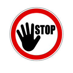 Stop hand sign, with silhouette of hand on the left and the word written on the right in the ban circle.