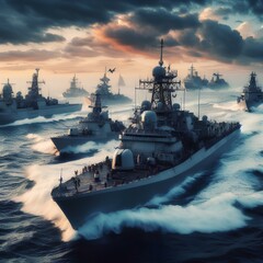 Combat military A fleet of naval ships. - obrazy, fototapety, plakaty