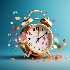 Golden Alarm Clock at Midnight with Confetti Explosion – Celebrating the Stroke of Twelve with Elegance and Festivity in a Vivid and Joyful Moment