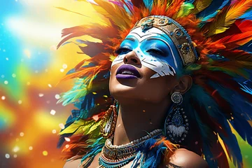 Photo sur Plexiglas Carnaval Colorful masks and feathers adorn dancers at Rio Carnival 