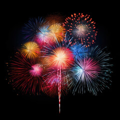 Fototapeta na wymiar Fireworks isolated on black background. Big celebration. Festive celebrations and fireworks.