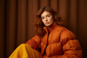 Naklejka premium beautiful red-haired model girl in an orange down jacket
