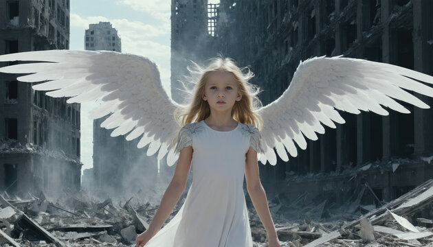 A blonde young girl child angel in a white dress and long white wings standing in front of a destroyed city. War apocalypse concept illustration