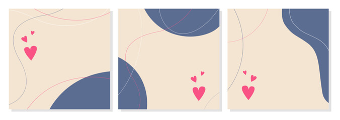 Set of romantic posters, template with hearts and line shapes in boho style, blank space for insert. Simple abstract background. Blue and pink colors.