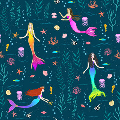 mermaid princess seamless pattern. fairy folks underwater background. sea animals print. marine theme. good for fashion design, textile, wallpaper, fabric, illustration, bedding.