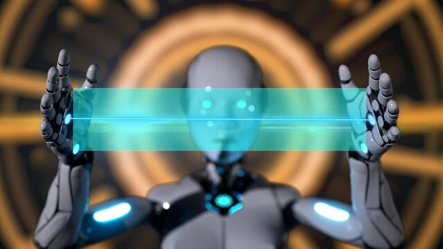  opener video animation with humanoid ai female robot opening hand for title or headline background template