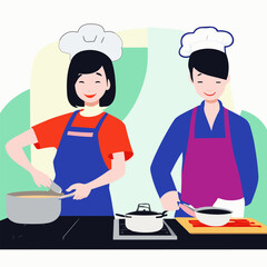 women and man preparing homemade meals for dinner, Cartoon flat vector illustration.