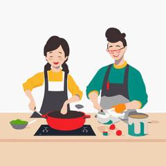 Husband and wife are preparing together. Man and woman in the kitchen. Smiling retired family cooking and tasting food, spending time together at home.