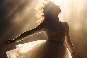 A woman gracefully dances in a flowing white dress. This image can be used to depict elegance, beauty, and the joy of movement.